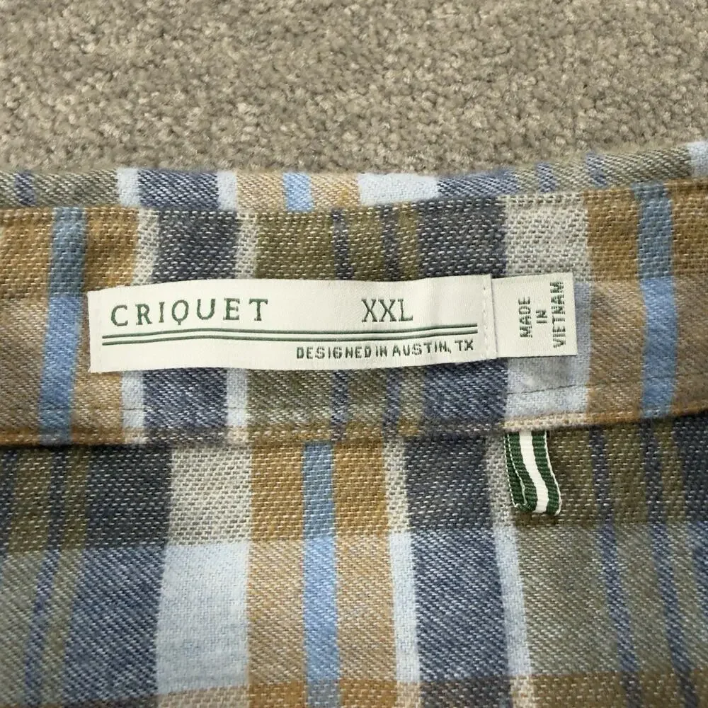 Criquet Mens XXL Flannel Plaid Long Sleeve‎ Button Shirt Blue Olive Tan Casual